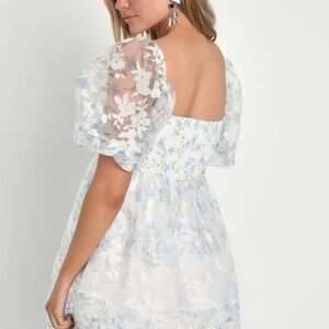 LULUS Ivory Floral Puff Sleeve Babydoll Mini Dress